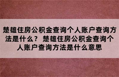 楚雄住房公积金查询个人账户查询方法是什么？ 楚雄住房公积金查询个人账户查询方法是什么意思